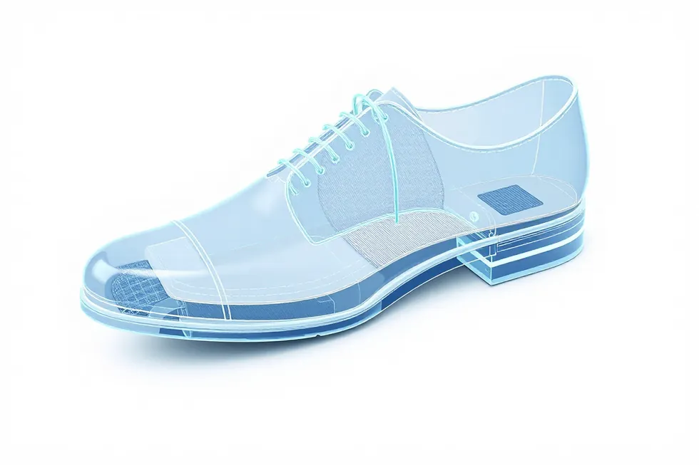 X-ray view of a dress shoe; the highlighted zone is the insole running from toe to heel and the inner lining